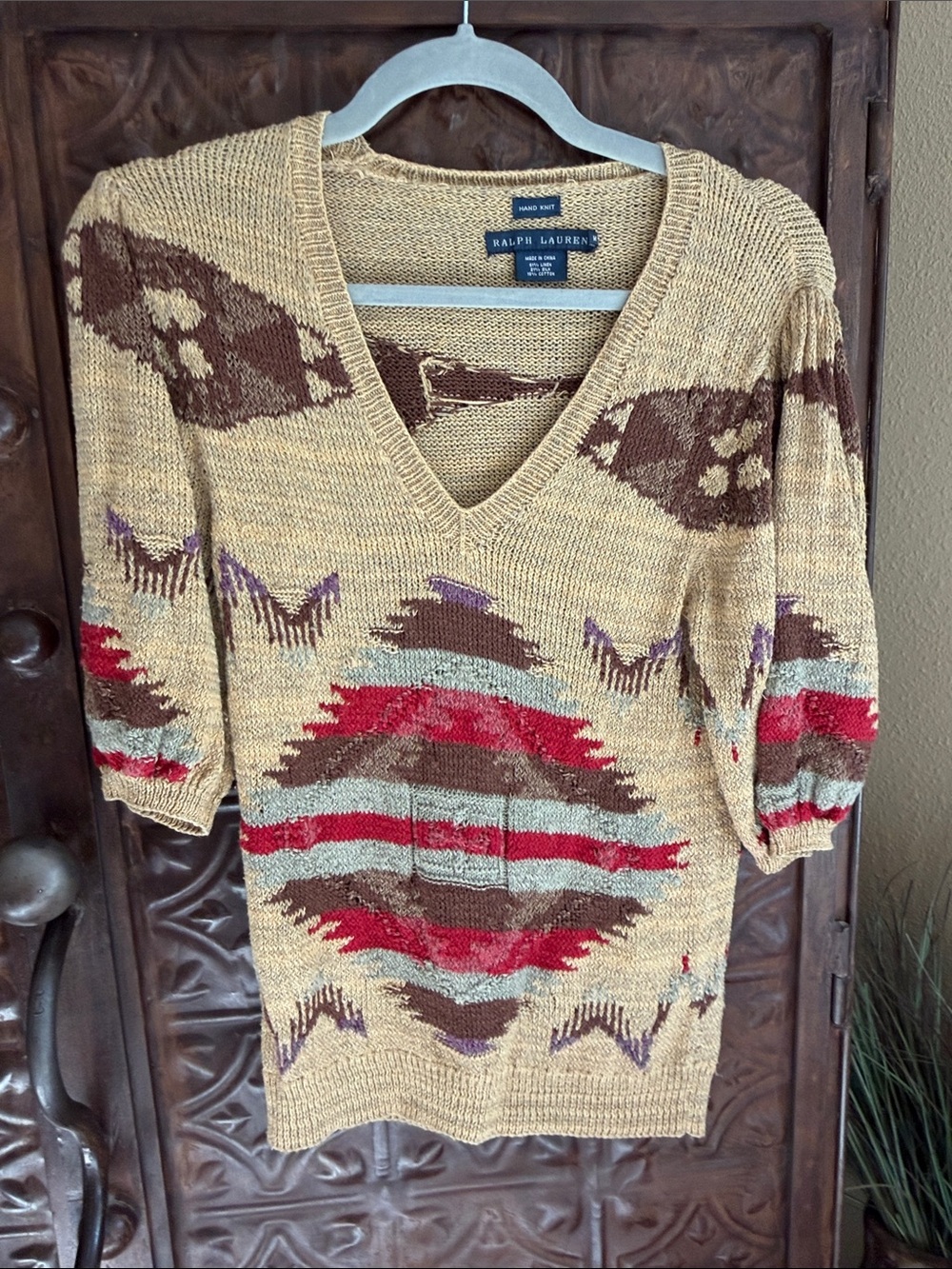 Ralph Lauren Beige V-Neck Southwest Knit Sweater with Red and Brown Accents-Med